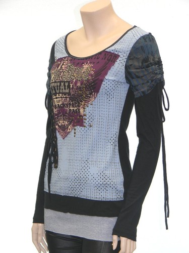 Long Skate Sleeve Top Print Patch Shirt LIB1488 - Picture 2 of 10