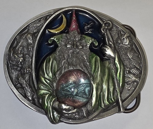 1992 Bergamot Pewter Belt Buckle Wizard With Magic Crystal Ball Orb Owl & Dragon