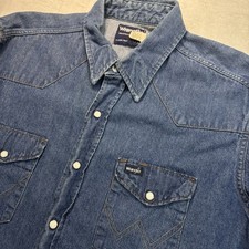 Vtg Wrangler Shirt Men's 17.5-35 Denim X-Long Tails Pearl Snap Western USA Made