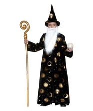 Kids Wizard Costume Hat Beard Black Celestial Sorcerer Halloween L 10-12