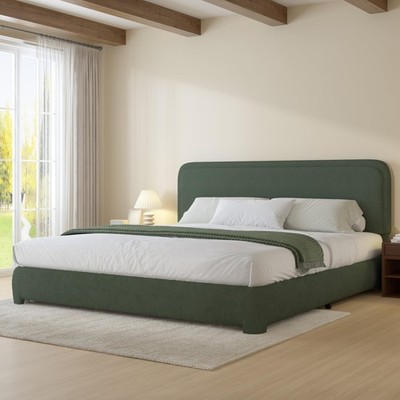 King Size Boucle Upholstered Platform Bed Frame and Headboard Green NoBoxSpring