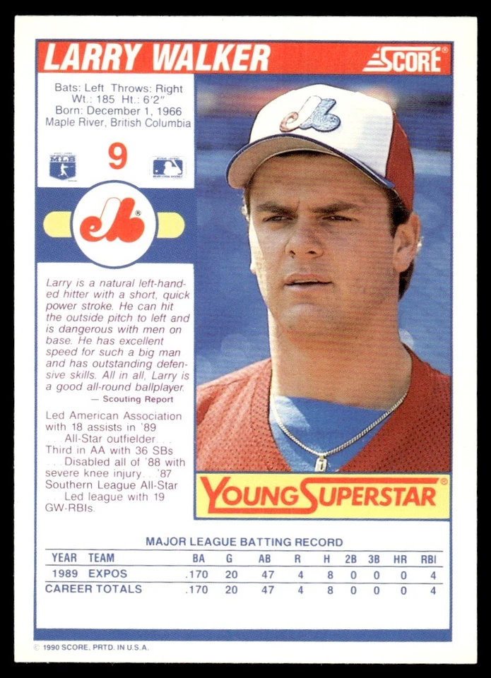 1990 SCORE LARRY WALKER #9 - Image 2 of 2