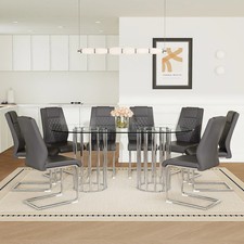 9-Piece Oval Tempered Glass Dining Table Set with 8 PU Chairs Dark Gray