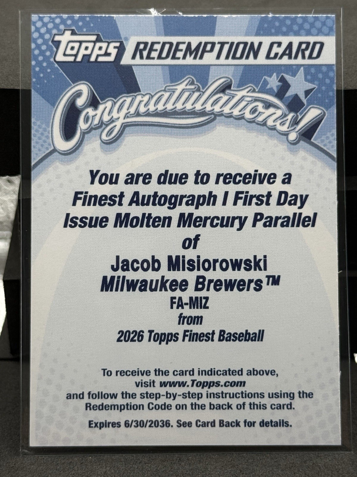 2026 Topps Finest FDI Jacob Misiorowski Molten Mercury  RC Auto /11 SSP