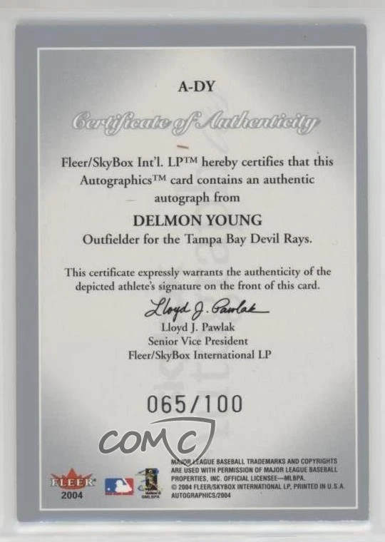 2004 Skybox Autographics Auto Silver /100 Delmon Young #A-DY Auto - Image 2 of 2