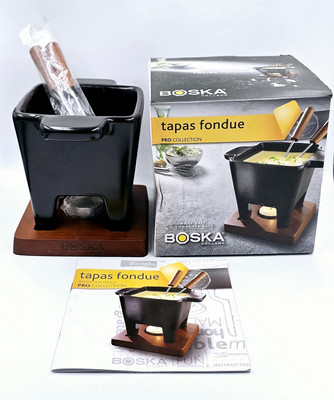 BOSKA Tapas Fondue Set Black Pot Wood Board 2 Forks Tea Light 200ml New in Box