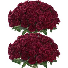 50 Pcs Artificial Roses Red Flowers Fake Velvet Silk Roses with Stems Bulk Re...