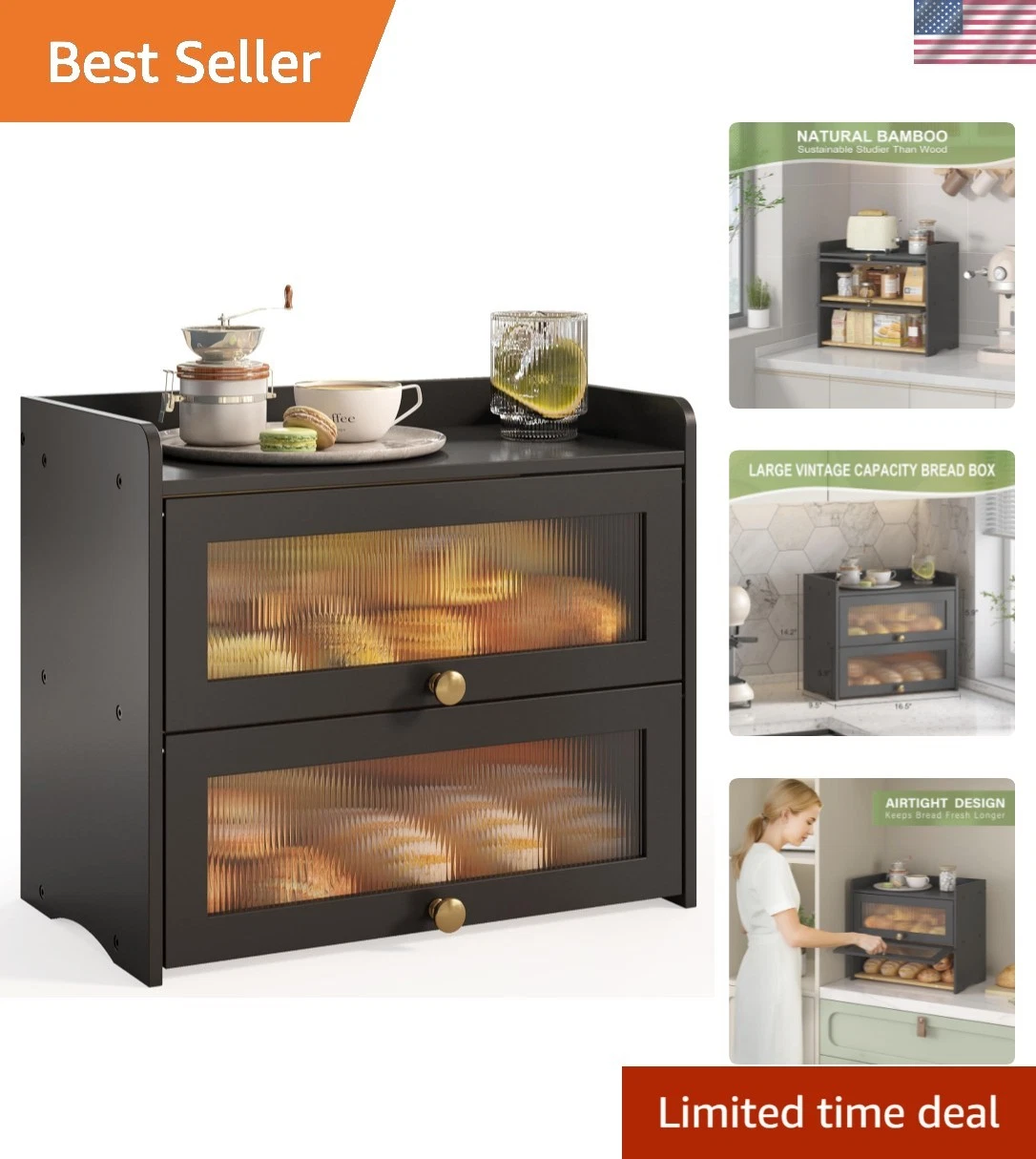Large Bread Box for Kitchen Countertop Wooden Double Layer Breadbox Organizer...
Opens in a new wind