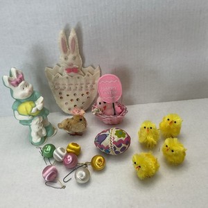 Vintage Easter Lot Flocked Chenille Chicks - Bunny - Egg -Decor Kitsch READ
