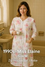 Vintage 1990s Miss Elaine Quilted Floral Zip Housecoat Robe Pockets Pastel