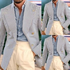 Summer Striped Men's Suit Wide Peak Lapel Double Breasted 2Pcs Seersucker Jacket