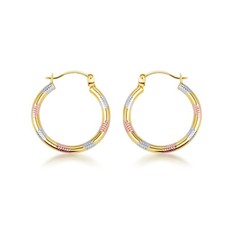 14K Tri-Color Gold Textured Diamond Cut Huggie Hoop Earrings