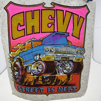 VTG 70s Chevy Street Is Neat Jam It Hot Rod Racing Dayglo Iron On Transfer Roach