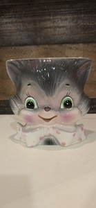 VTG RARE HTF Anthropomorphic Rubens Kitty Cat Green Eye Gry Wall Pocket Planter
