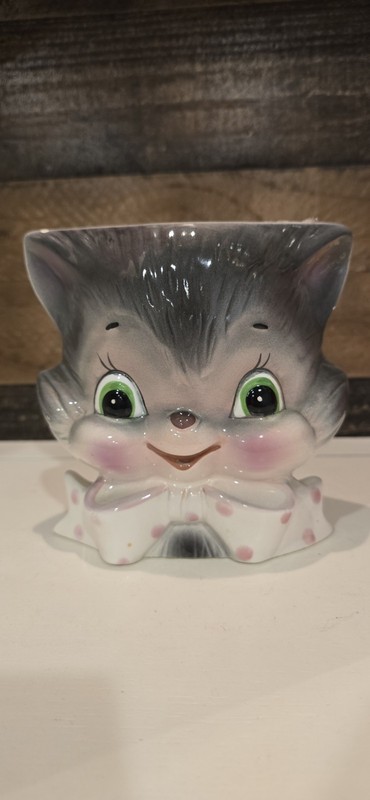 VTG RARE HTF Anthropomorphic Rubens Kitty Cat Green Eye Gry Wall Pocket Planter