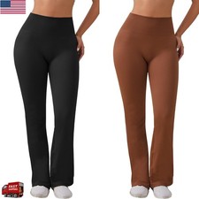 US STOCK Women's High Waist Ribbed Flare Leggings for Activewear Yoga Pants