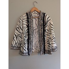 Chicos Zebra Print Linen Jacket Fringe Coin Trim Black White Womens Size 1 M