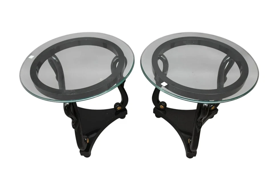 Pair Black Lacquer Side Tables with Swan Neck Supports on Trifed Bases - Image 4 of 4