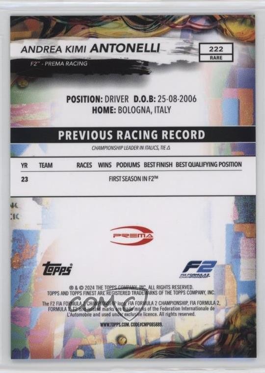 2024 Topps Finest Formula 1 Rare Andrea Kimi Antonelli #222 0ds9