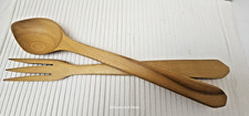 Vintage MCM Hand Carved Wooden Salad Server Set Large 13" Spoon  Fork AG