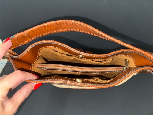 Patricia Nash Otavia Cognac Tan Leather Raffia Crossbody Bucket Bag - Picture 11 of 16