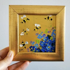 Bees Painting Forget-me-nots Original Art Miniature with Gold Leaf No Frame 4х4