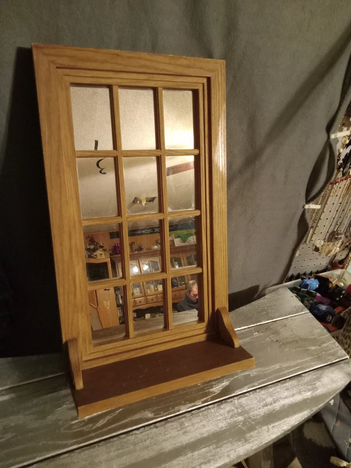 home interiors gifts 12 pane glass mirror shelf hanging wall faux wood 22.5x 13 - Image 2 of 4