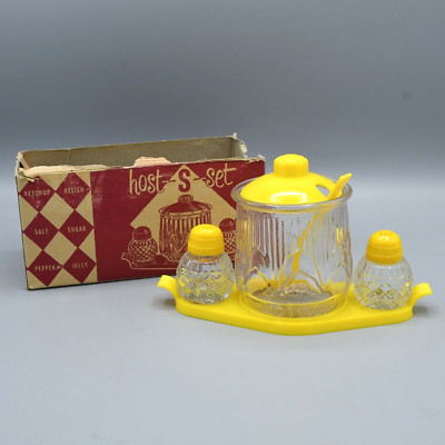Vintage 1950s Medco Hostess Set Salt Pepper Shaker Sugar Jar Spoon Tray Yellow