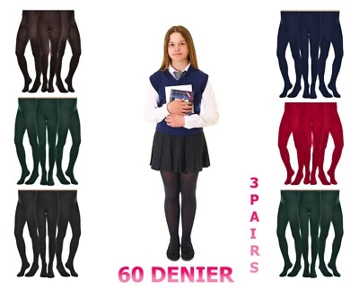 Girl's Back To School Opaque Tights 60 Denier BLACK RED GREEN 3 PACK 9-16 Years
