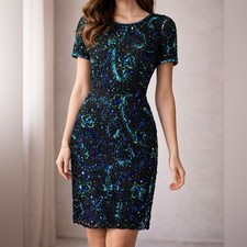 Vintage Stenay Beaded Sequin Cocktail Dress Teal Blue Black Size M