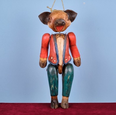Antike Holzfigur, professionelle Theatermarionette Ferkel, Schwein Puppe