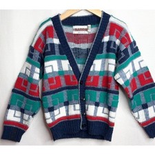Vintage Barrel Kids Cardigan Sweater Geometric Block Knit Made in USA Size M 5-6