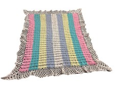 Handmade Pastel Afghan Crochet Ruffled Baby Blanket Blanket Pink Blue Stripe 35  