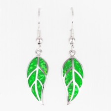 Nature Leaf Shape Kiwi Green Fire Opal Silver Jewelry Dangle Drop Earrings