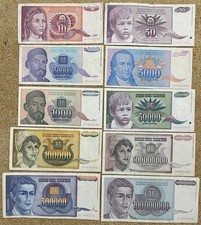 Lot of  10 Yugoslavia  banknotes, 1992-1993, free postage to all countries
