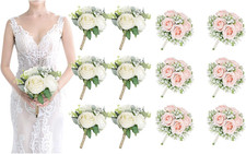 Set of 6 White  6 Peach Pink Artificial Bridesmaid Bouquets for Weddings