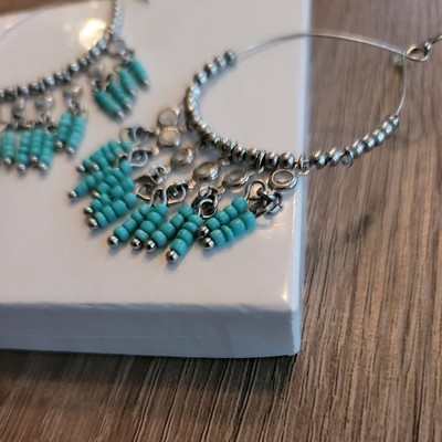 Native American theme  Turquoise fringe beaded earrings 