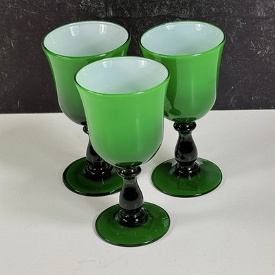 3 Empoli Carlo Moretti Glass Emerald Green Cased White Cordials Sherry 4.5''
