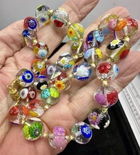 VENETIAN MURANO Millefiori Glass Bead Necklace 17-18" Vintage Multicolor Canes