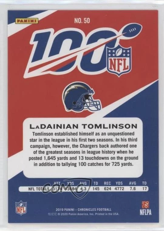 2019 Panini Chronicles NFL 100 Red /199 LaDainian Tomlinson #50 HOF - Image 2 of 2