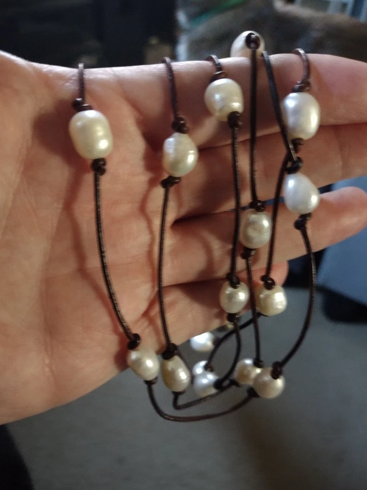 Collar Lariat Largo 67" Perla Agua Dulce Cuero - 27 Perlas Estilo Boho Artesanal Foto 4 de 4