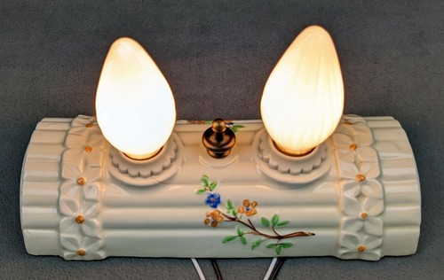PORCELIER 2-Bulb Porcelain Ceiling Light w/ Blue-Green-Orange Accents, Restored - Picture 9 of 11