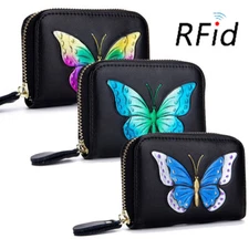 Butterfly RFID Leather Card Wallet for Women Small Zipper Card Case Holder US
