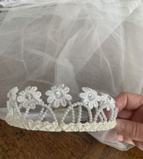 Vintage Holy First Communion Tiara White Veil Pearl, Rhinestone, Sequin