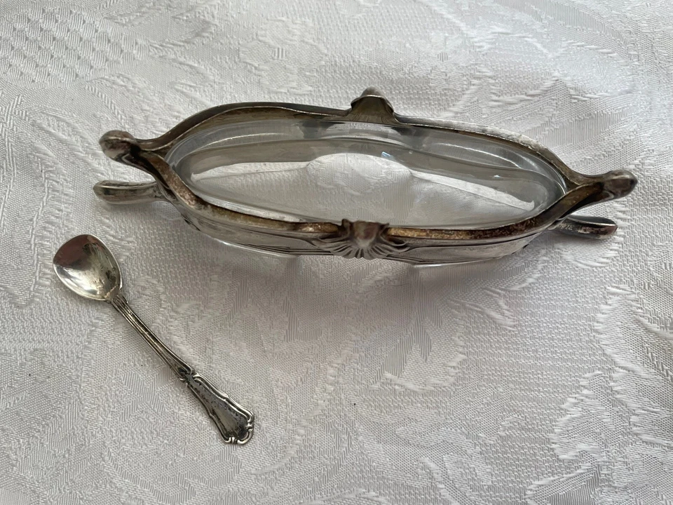Antigua salina plata con cuchara .800 montura cristal siglo XX Foto 2 de 4