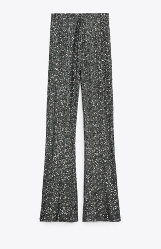 ZARA DARK SILVER GREY HIGH WAIST SEQUINNED FLARED LEGGINGS WIDE LEG TROUSERS L - Picture 5 of 6