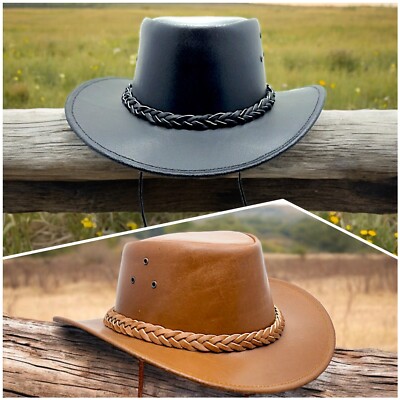 Herren 100% Echtleder Cowboy Hut Outback Australischer Western Stil Geflochtenes Band