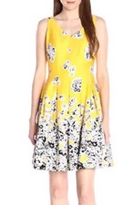 Nine West Yellow Sunshine Combo Drop Floral VNeck Fit & Flare Pleat Cotton Dress