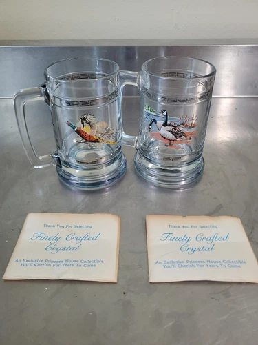 2  Princess House Crystal handpainted Pheasant ducks Colonial Game Bird mugs 