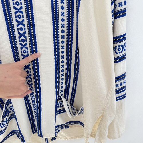 VTG 1970s Kaftan Tunic White Blue Embroidered Greek Handmade 70s Woven Cotton - Picture 15 of 24